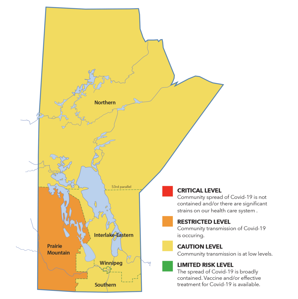 Map of Risk levels in Manitoba for COVID
