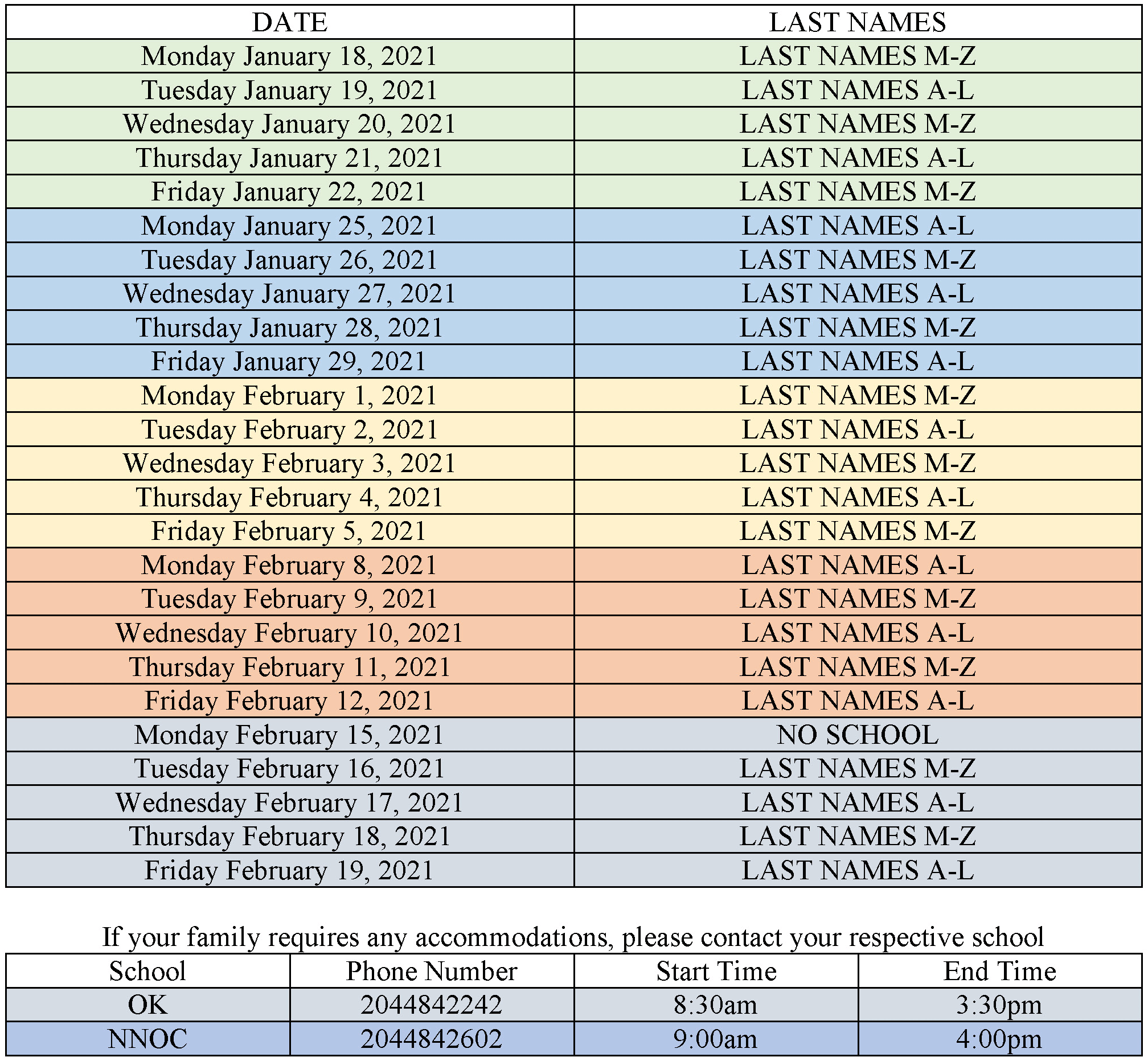 NNCEA Alternate Days Schedule
